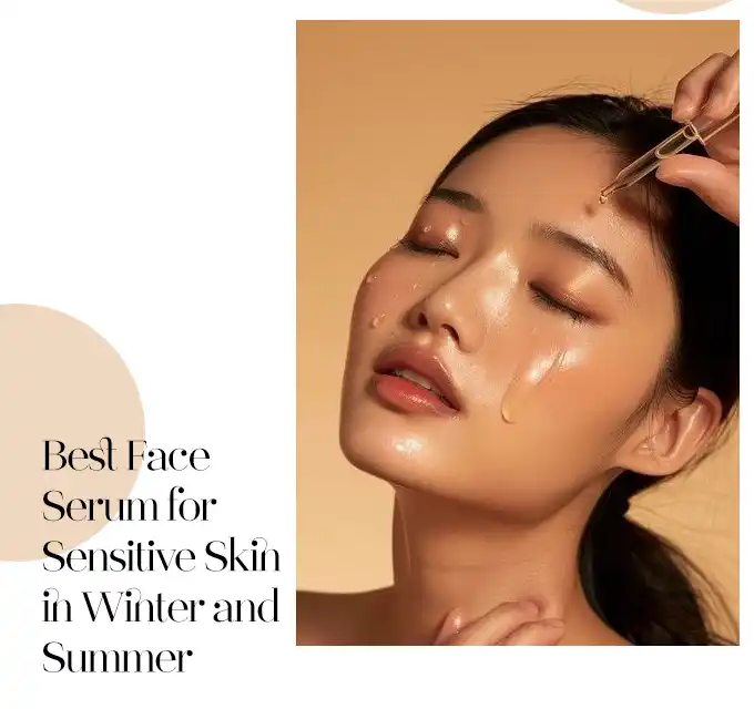 Eyes-closed Asian woman with multiple drops of hydrating serum on forehead and cheeks, face appears glossy and deeply nourished